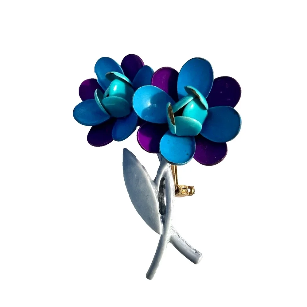 Estate Brooch Purple & Blue Enamel Flower Pin with Baby Blue Stem VTG MCM